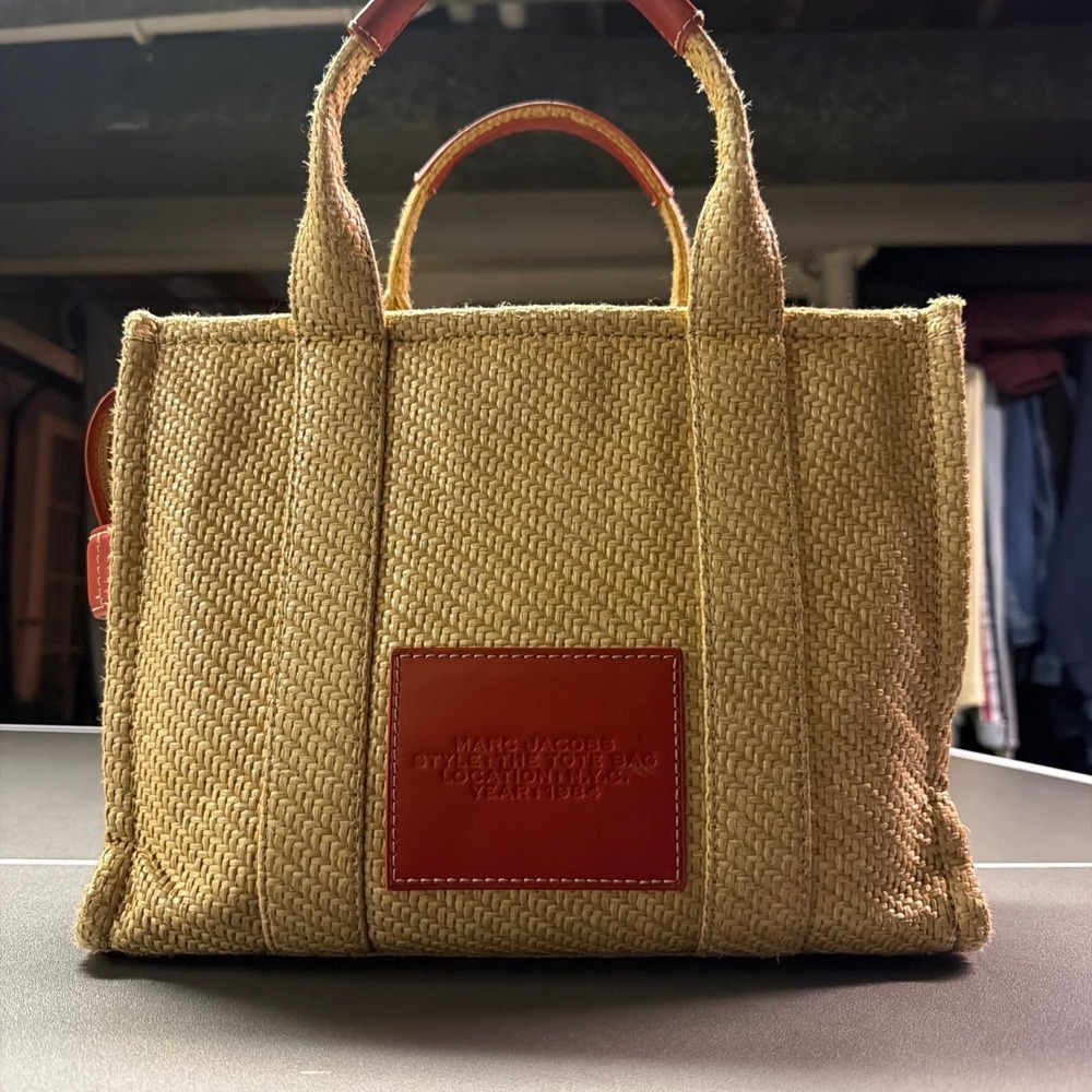 Marc Jacobs The Tote Bag Floral Embroidered Raffia Straw Small Tote Tan Red - Picture 7 of 10